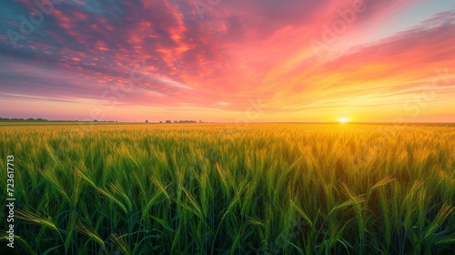Lush green barley fields at sunrise with a vivid sky inspiring new beginnings © sopiangraphics
