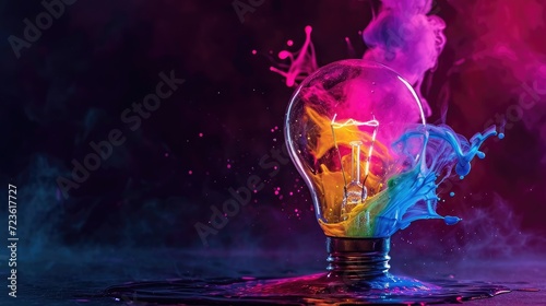 Innovative inspiration concept: liquid paint forms a vibrant lightbulb against purple, Ai Generated