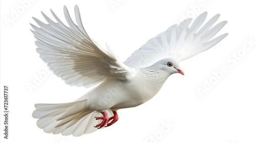 A white pigeon in flight on a white background.