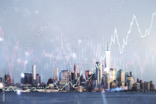 Multi exposure of virtual abstract financial diagram on Manhattan office buildings background  banking and accounting concept