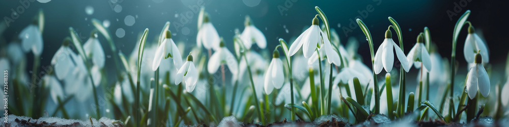 Snowdrops in Spring with Bluish Background and Mystical Blurred Lights - Banner Format Snowdrops in Spring with Bluish Background and Mystical Blurred Lights - Banner Format