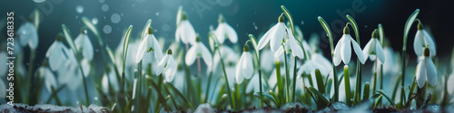 Snowdrops in Spring with Bluish Background and Mystical Blurred Lights - Banner Format