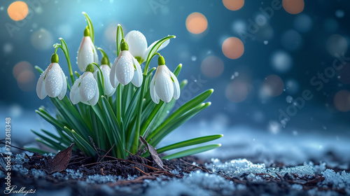 Snowdrops in Spring with Bluish Background and Mystical Blurred Lights