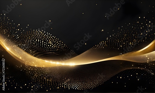 Abstract dark background with glowing particles, gold waves, and stars. Galaxy, futuristic world. Designed for banners, wallpaper, template, background, postcard