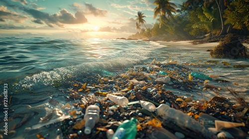 Sunset on a tropical beach overshadowed by the impact of pollution and trash. photo