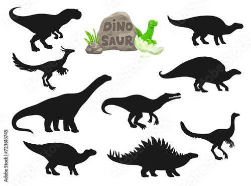 Dinosaur silhouettes. Archaeornithomimus  Dravidosaurus  Ouranosaurus and Probactrosaurus  Hypselosaurus  Alvarezsaurus paleontology animal  dinosaur or extinct lizard vector isolated silhouettes