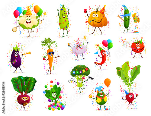 Cartoon funny vegetable characters on birthday holiday anniversary, vector party. Cute broccoli, carrot and spinach on happy birthday party celebration with balloons, Mexican pinata and confetti