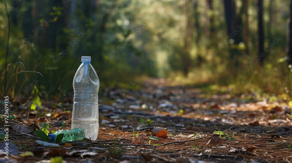 Obraz premium Discarded plastic litter amidst the forest environment.