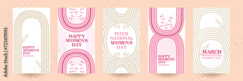 A set of greeting cards for International Women's Day. Retro, groovy wavy lines, cartoon, Y2k style. Minimalist design for party, ads, cover. Fashion retro 60s 70s. Vector illustration