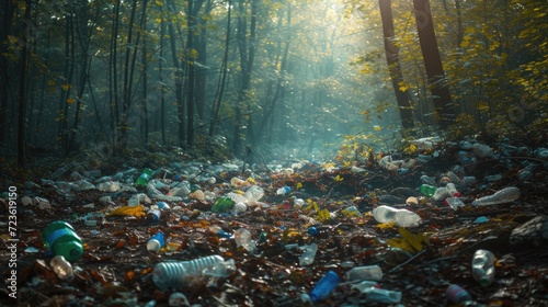 Discarded plastic litter amidst the forest environment.