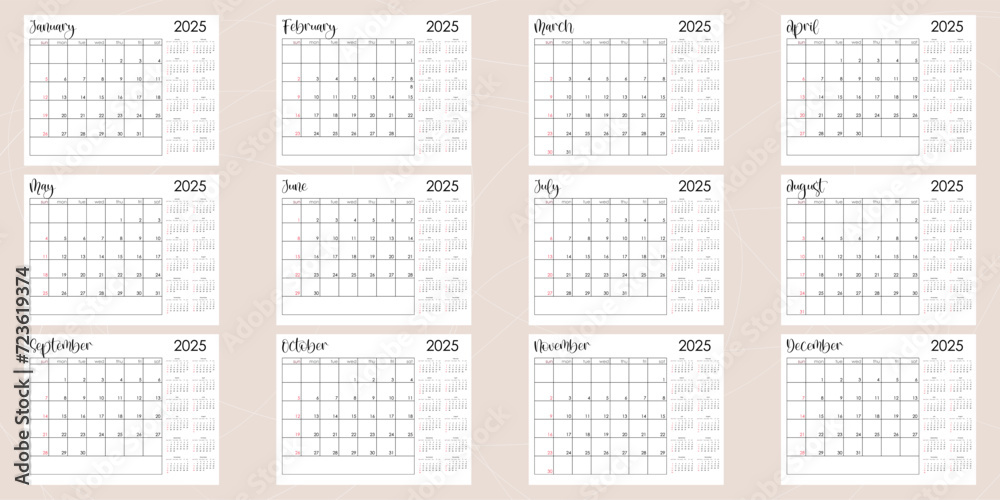 Bullet journal template. Monthly planer 2025. Week start from Sunday calendar. Ready to print 8,5x11 in pages. Vector illustration Bullet journal template. Monthly planer 2025. Week start from Sunday calendar. Ready to print 8,5x11 in pages. Vector illustration