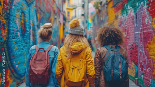 Three Girls Walking Down a City Street With Backpacks On