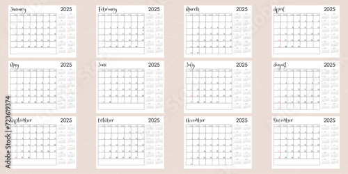 Bullet journal template. Monthly planer 2025. Week start from Sunday calendar. Ready to print 8,5x11 in pages. Vector illustration