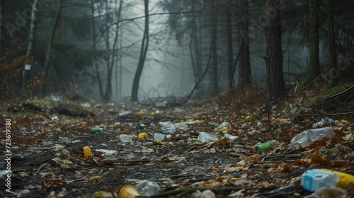 Discarded plastic litter amidst the forest environment.