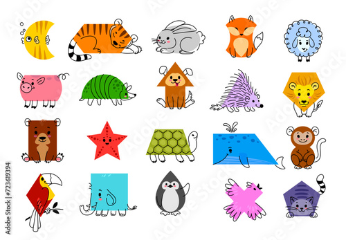 Cartoon animal characters with math shapes. Isolated vector fish, tiger, rabbit and fox. Sheep, pig, armadillo and dog with porcupine and lion. Bear, starfish, turtle and whale with ape or parrot