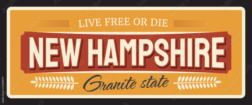 Vintage banner New Hampshire american state, vintage travel plate, vector sign for tourist destination, retro board, antique signboard typography, touristic plaque. Concord capital, Manchester city - obrazy, fototapety, plakaty 
