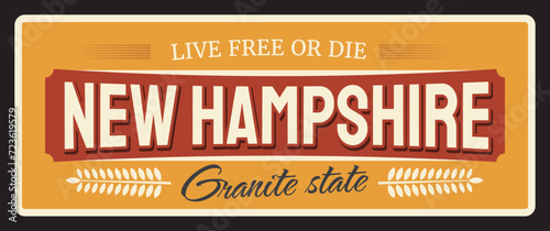 Vintage banner New Hampshire american state, vintage travel plate, vector sign for tourist destination, retro board, antique signboard typography, touristic plaque. Concord capital, Manchester city photo