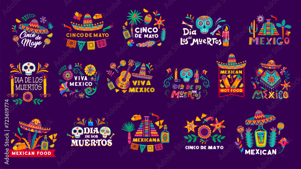 Mexican holiday labels. Vector Dia de los muertos, Cinco de Mayo, Viva mexico cartoon lettering with festive elements. Creative typography with traditional latin symbols for greeting cards and decor