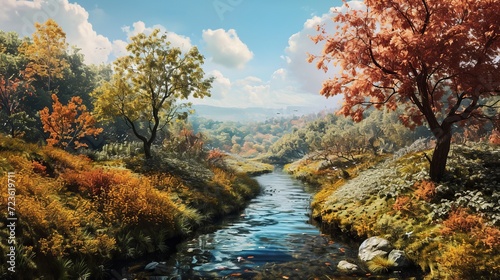 Picturesque Autumn Landscape with Tranquil Stream and Vibrant Fall Colors Illuminated by Sunlight