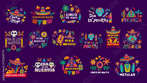 Mexican holiday labels. Vector Dia de los muertos, Cinco de Mayo, Viva mexico cartoon lettering with festive elements. Creative typography with traditional latin symbols for greeting cards and decor photo
