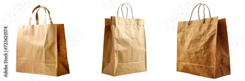 Brown Kraft Paper Bag Set Isolated on Transparent or White Background, PNG