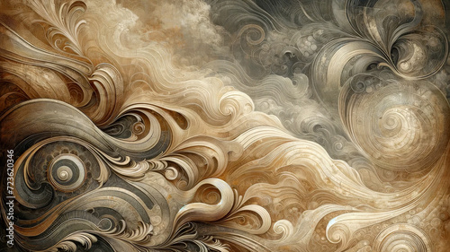 Background with a vintage aesthetic, blending complex swirls and curls in a harmonious array of earth tones and pastel hues