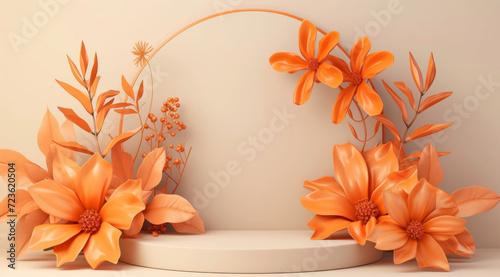 Orange flowers and leaves around a central empty white display podium against a soft peach background