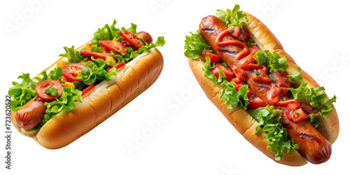 Hot Dogs with Lettuce Set Isolated on Transparent or White Background, PNG