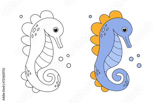 Cartoon seahorse coloring book page with colorful template. Cute colorig book. Underwater ocean life, marine animal. Funny seahorse isolated contour. Kids animals coloring book page. Vector 