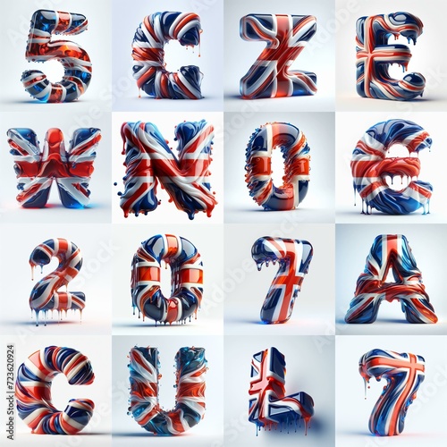 Glasss letters in color of United Kingdom flag. AI generated illustration