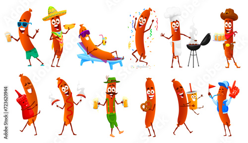 Cartoon sausage characters, isolated vector bratwurst personages with big smile and lively eyes, wearing a chef hat and holding a spatula, cooking bbq dish, drink beer or eat hotdog, cheer and fun