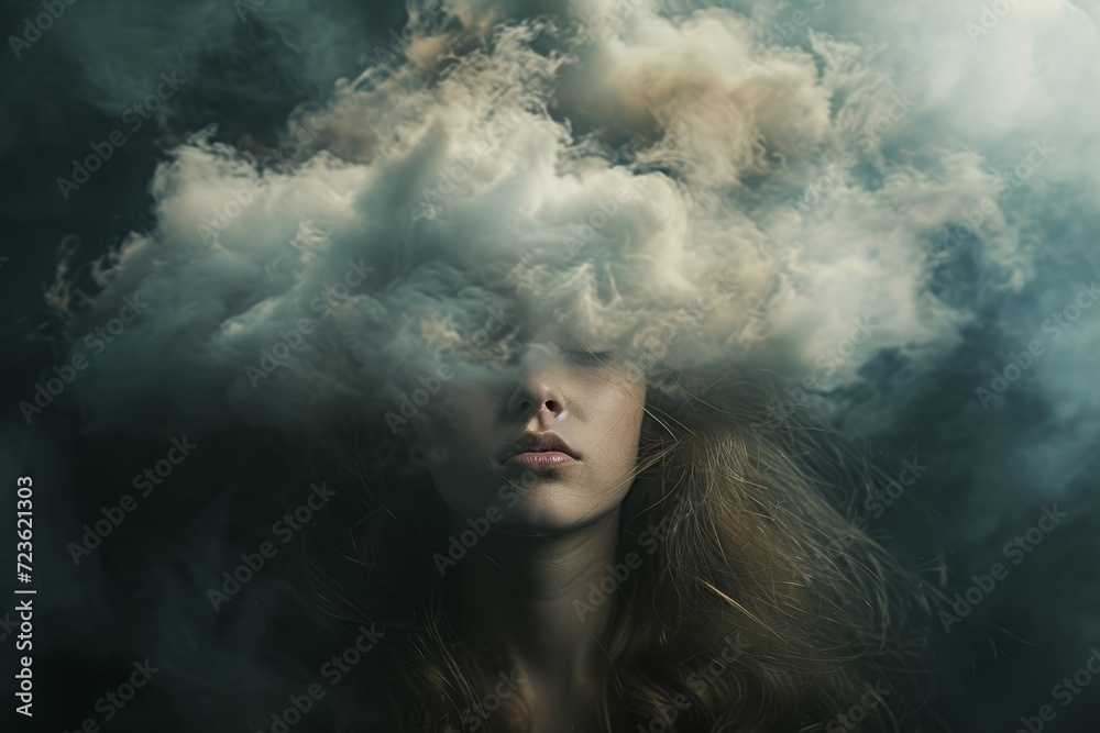 A mysterious woman exudes an aura of enigma as dark clouds of smoke billow from her face, creating a haunting portrait in the outdoor setting