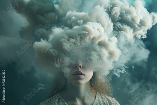 A mystical woman emerges from the depths of the sea, her face obscured by billowing clouds of smoke, creating an ethereal and mysterious aura photo