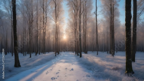 view of sunrise in winter forest in the morning, beautiful eye-catching morning view in the frozen forest, A frozen forest with glistening trees and a canvas of sparkling snow