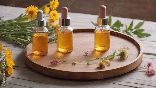 oil and lavender flowers, a Beauty cosmetic product presentation scene made with a wooden plate and wildflowers, a Summer mood background, Front view.