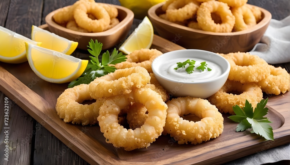 Fried calamari squid appetizer on wooden table	
