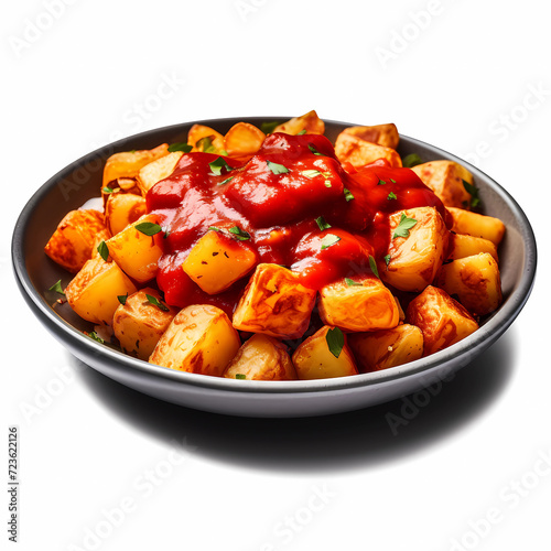 A plate of patatas bravas with red sauce, Generative AI
