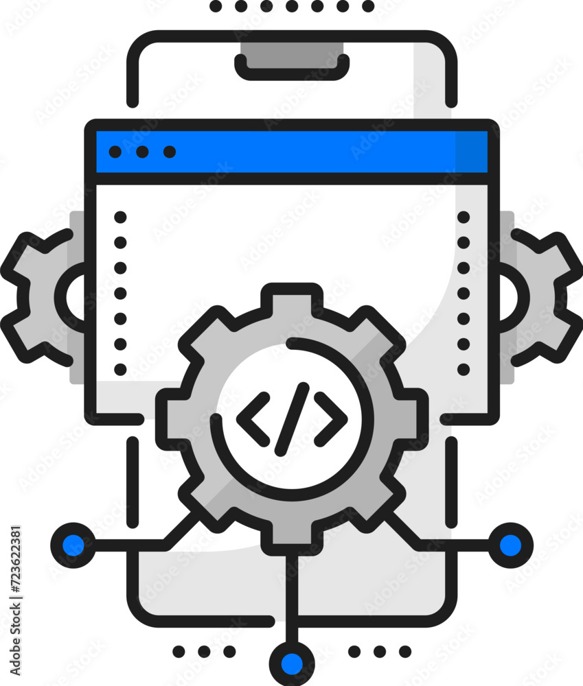 Mobile application coding, cellphone app optimization, web software develop thin line icon. Web application building, mobile software development outline vector pictogram with phone and cog wheels