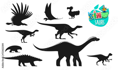 Fototapeta Naklejka Na Ścianę i Meble -  Dinosaur, prehistoric animals silhouettes. Extinct lizard, paleontology reptile. Jurassic era Dicraeosaurus, Dimorphodon, Pegomastax and Gipsilofodon, Anatotitan, Dodo dinosaur vector silhouette