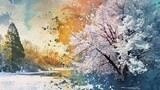 Enchanting Winter Landscape with Blossoming Cherry Tree on Snow-Covered Ground with Colorful Paint Splatter Effect