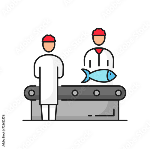 Fishing industry factory conveyor line icon. Seafood manufacture facility, fishing industry technology or equipment line vector symbol. Factory workers processing fish on conveyor outline pictogram