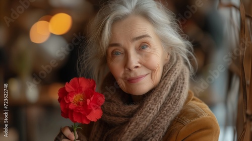 Elderly Woman Holding a Red Flower