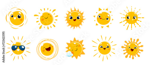 Cartoon funny sun characters. Isolated vector set of adorable solar. Bright summer and weather personages with kawaii faces, big eyes and smiles, wear sunglasses, sleeping on cloud, rejoice and fun
