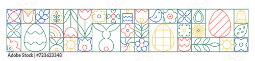 Abstract easter geometric linear border.  Spring outline vector poster with easter elements.