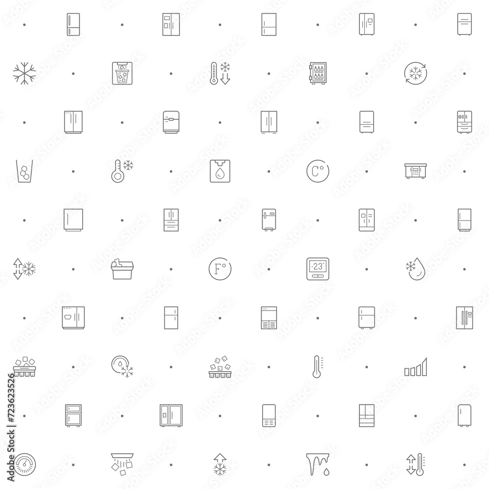 Seamless pattern with fridge and refrigerator icon on white background. Included the icons as household, appliances, double door fridge, side by side door fridge, ice, snowflake, kitchen, Celsius