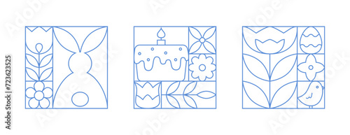 Abstract easter geometric postcard, banner, poster, wall art.  Line tulip, bunny, easter cake, egg, flower.