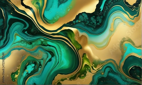 Abstract mixture of white, green, and gold colors. Fluid art. Designed for background, banner, template, poster, postcard, wallpaper.