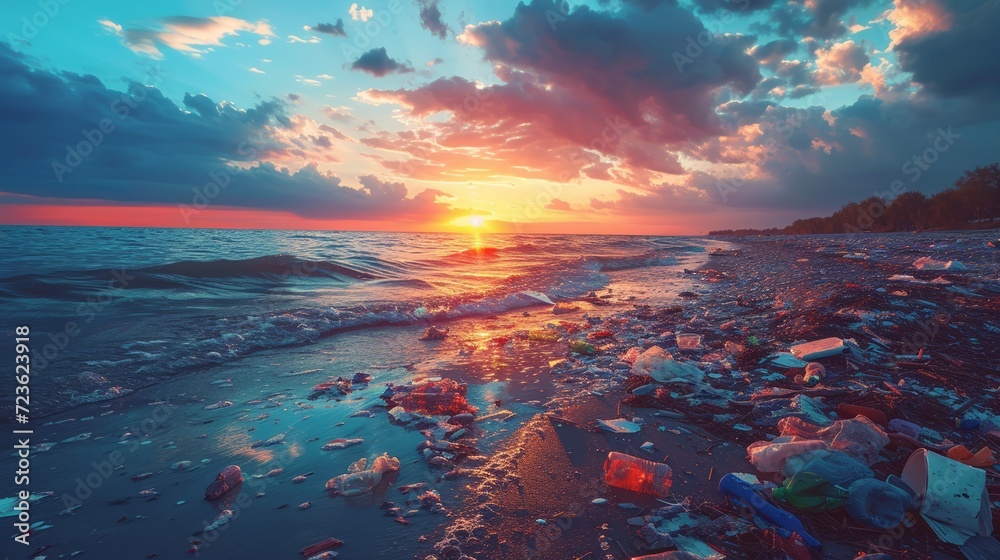 An impressionist painting of a littered beach with a striking sunset reflecting on the tide - obrazy, fototapety, plakaty 
