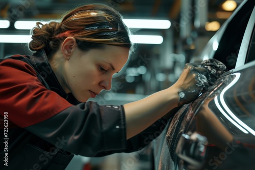 A young woman stands inside a factory, wearing work clothes and a determined expression as she carefully paints a car, her skilled hand transforming the dull surface into a vibrant work of art
