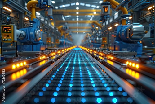 Modern industrial factory with automated machinery and conveyor belts for manufacturing and transportation. Blue steel machinery and equipment in empty warehouse modern production technology